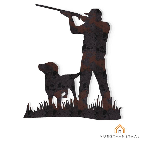 Cortenstaal jager met hond, robuuste en gedetailleerde metalen kunst.