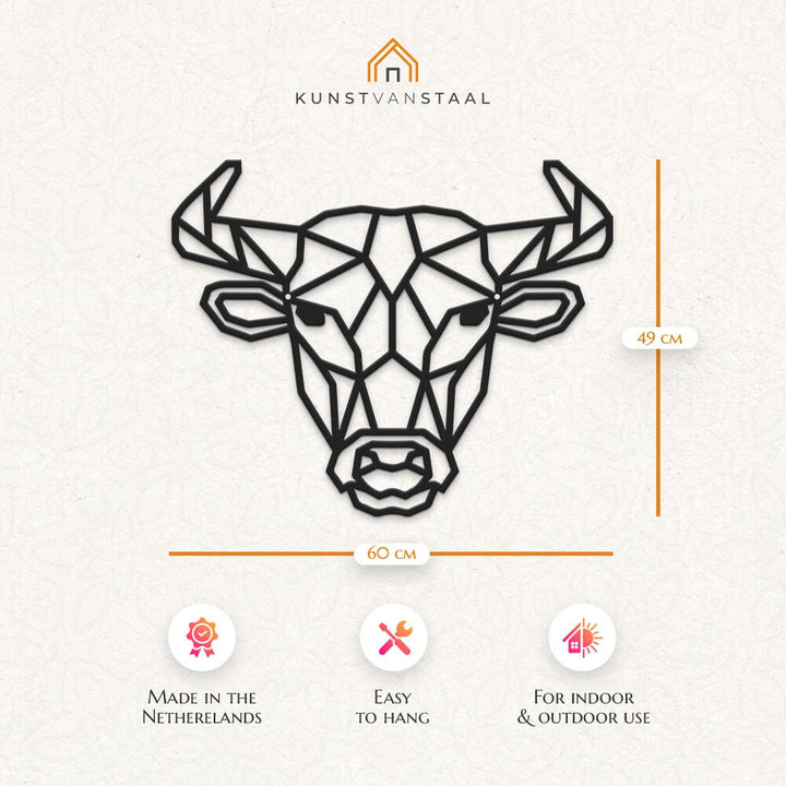 Afbeelding met afmetingen van een metalen wanddecoratie in de vorm of stijl van een stier