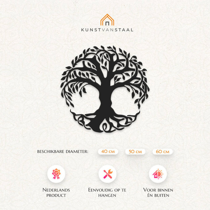 Metalen levensboom afmetingen, decoratieve metalen boom met spirituele betekenis.