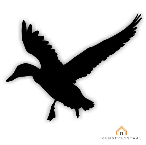 Metalen vliegende eend, decoratief cortenstaal kunstwerk voor tuin en wand.