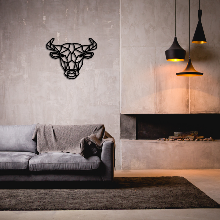 Metalen wanddecoratie van een stier, modern uitgevoerd als stoer statement aan de muur