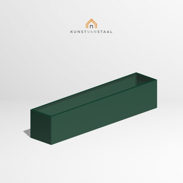 Groene metalen plantenbak van 200×40×40 cm voor smalle tuinlijnen