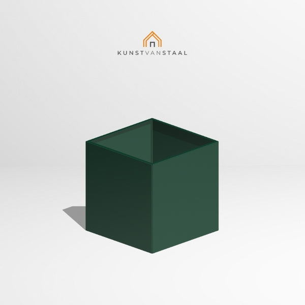 Groene metalen plantenbak van 80×80×80 cm voor frisse buitenruimtes