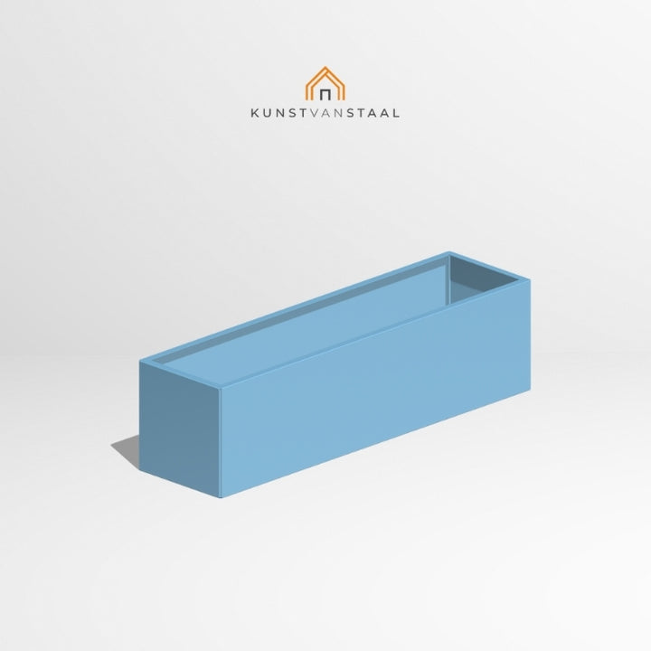 Pastelblauwe plantenbak van 150×40×40 cm voor langwerpige tuinopstellingen