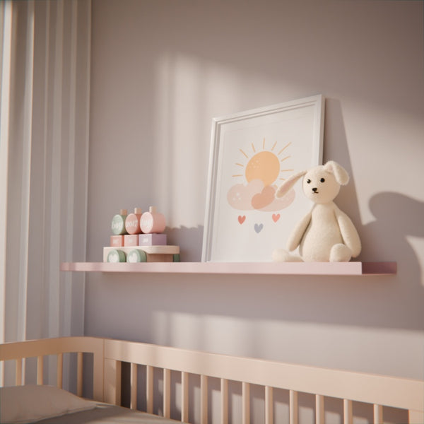 Roze wandplank in de babykamer boven een commode als stijlvolle opbergplek