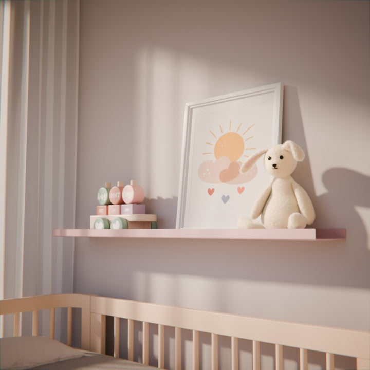 Roze wandplank in de babykamer boven een commode als stijlvolle opbergplek