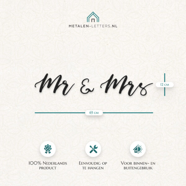 Afmetingen product metalen letters 'Mr & Mrs'