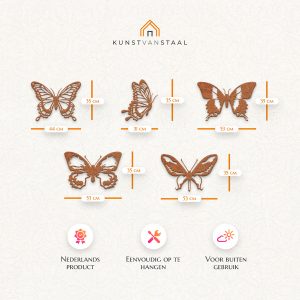 Cortenstaal decoratie vlinders - set 5 stuks afmetingen klein