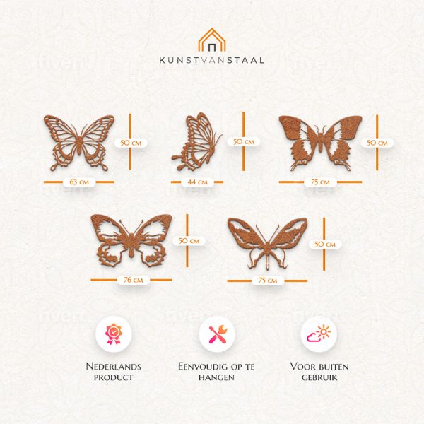 Cortenstaal decoratie vlinders - set 5 stuks afmetingen